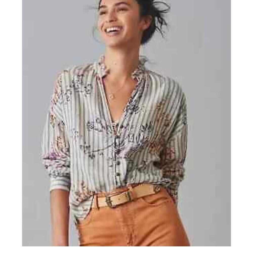 Pilcro & The Letterpress The Tavi Buttondown Striped Floral Blouse SZ SM